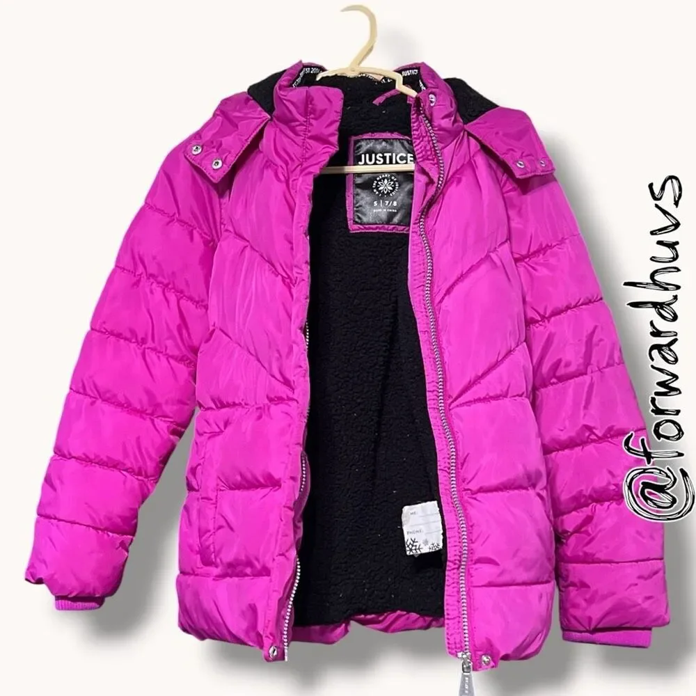 ☑️ Justice Hooded Sherpa Lined Puffer Jacket Pink Girls S 7/8